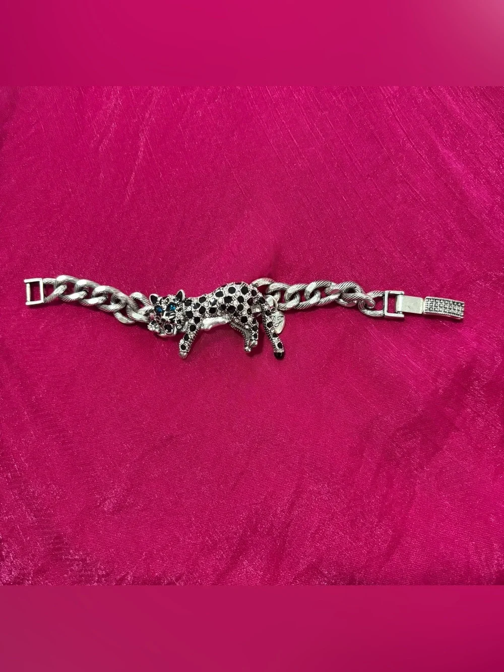Betsey Johnson Silver tone crystal pave leopard chain bracelet.